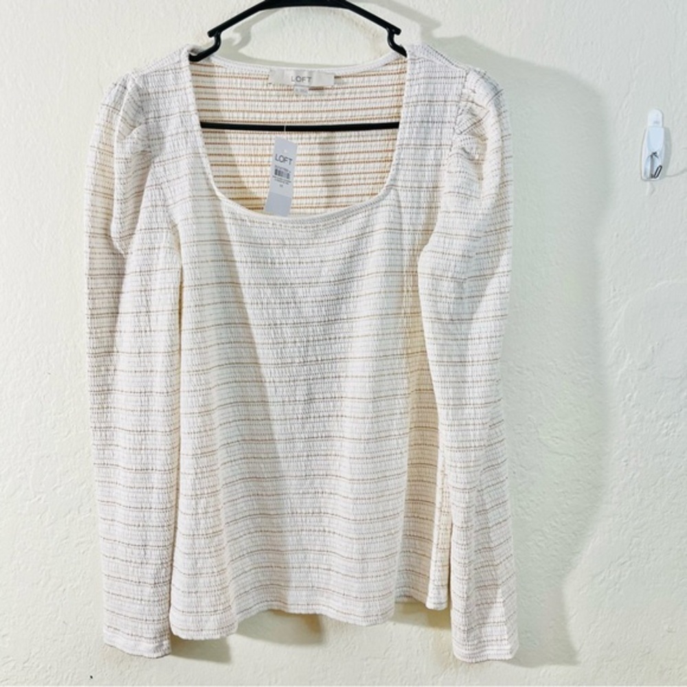NWT Loft Sparkle Puff Sleeve Square Neck Top Women Medium White/Gold Casual